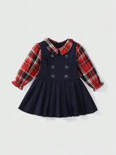 1pc Girls' School Style Dual-Breasted Plaid Patchwork Faux 2-Piece Long Sleeve A-Line Dress, Spring/Fall